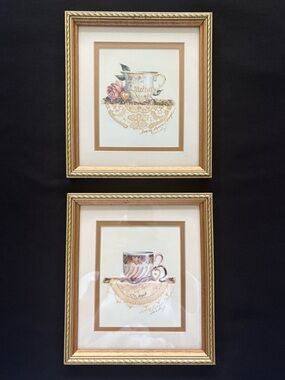 Vintage Sandy Lynam Clough Framed Teacup Prints Set of 2 Gold Frames